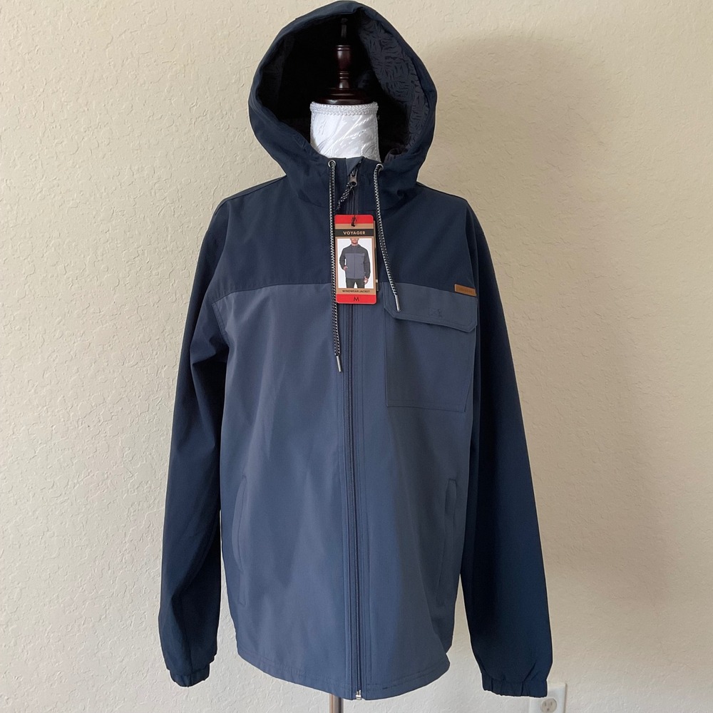 Voyager Windwear Hooded Jacket Mens M Blue Grey Colorblock Windbreaker NWT